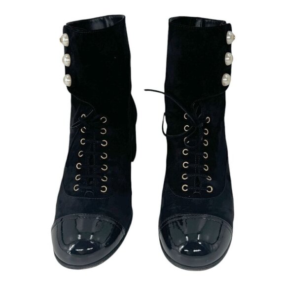 Chanel Suede Pearl CC Logo Patent Cap Toe Short Boots - Picture 5 of 16